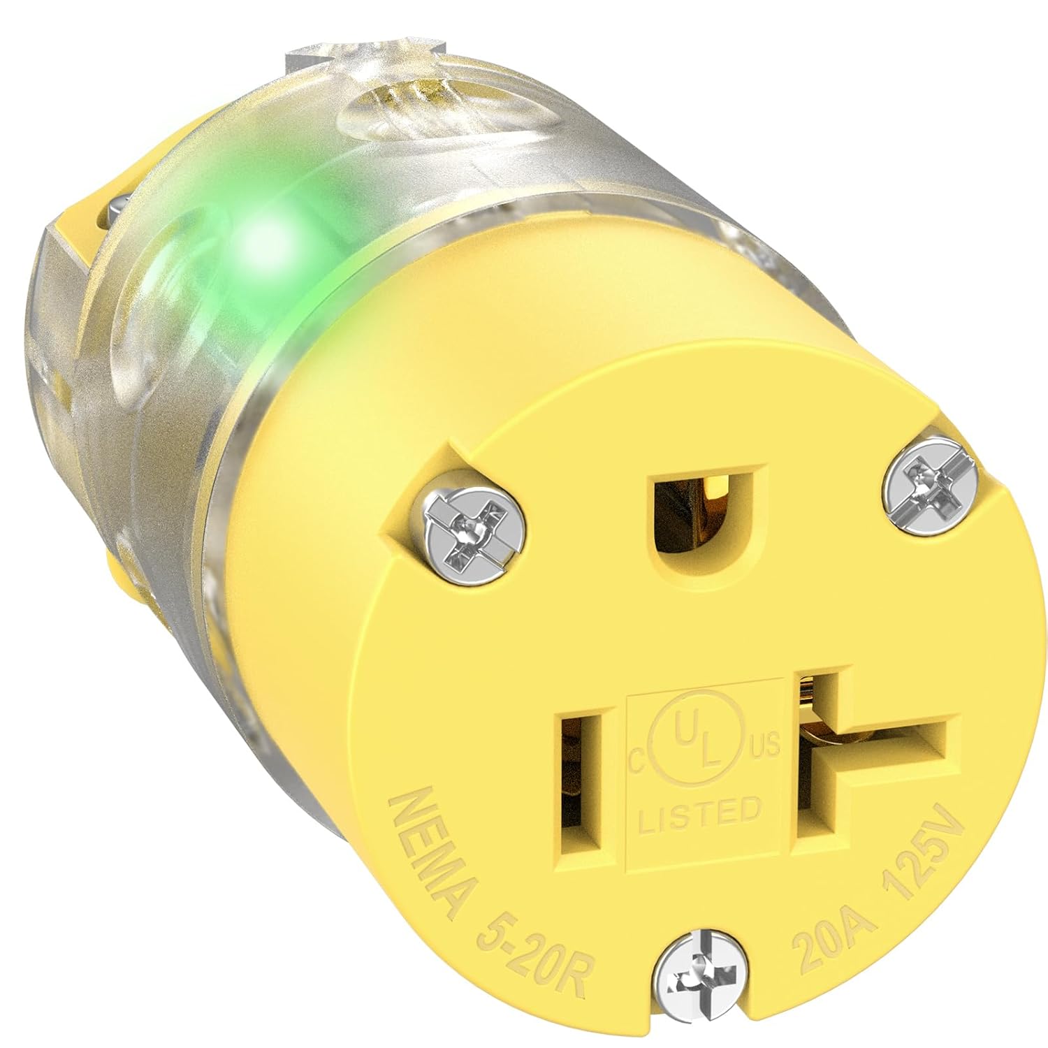 20A Lighted Female Extension Cord Ends Replacement 120V NEMA 5-20R Illuminated Drop Cord Cap with Green Neon Light Connector Outlet Compatible with Starndard 15A 110V Male Plug End UL Listed 1-Pack