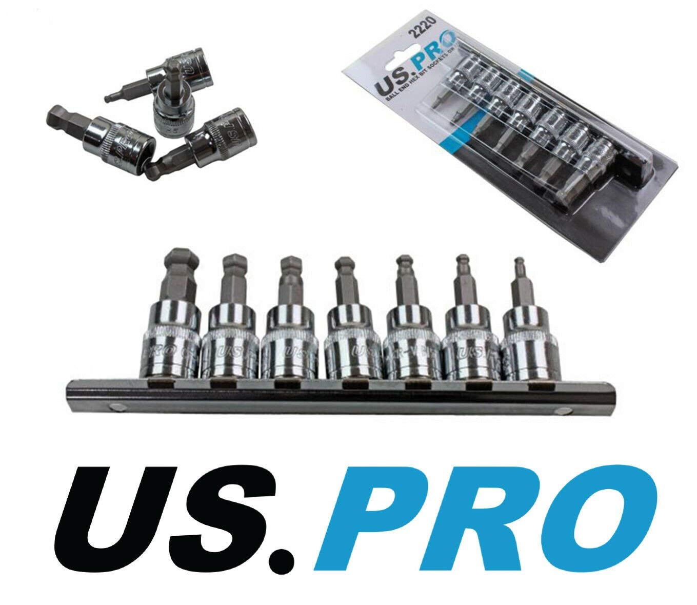7pc BALL END HEX BIT SOCKET SET by US PRO TOOLS Metric 3mm to 10mm 3/8"" Drive