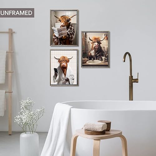 Miniatura 5 de Divertida decoración artística de pared de baño de vaca de las tierras altas, impresión de póster de vaca marrón de las tierras altas en la bañera y