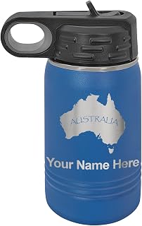 LaserGram Personalized Water Bottle, Australian Continent, Stainless Steel Double Wall Vacuum Insulated with Flip Top Straw, Custom Engraved Gift (12oz / 335ml Dark Blue)