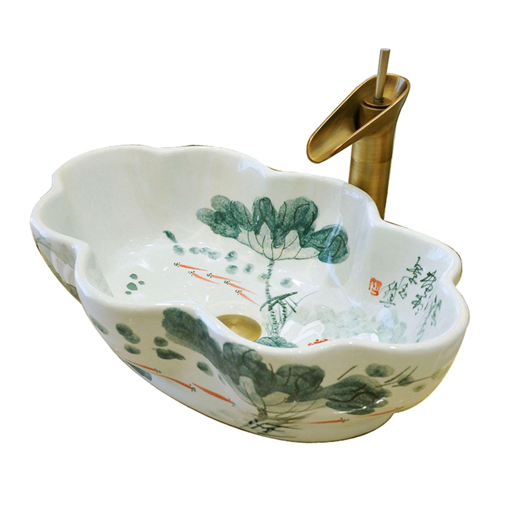 Vasque à poser style chinois avec lotus peint à la main pour salle de bain haut de gamme