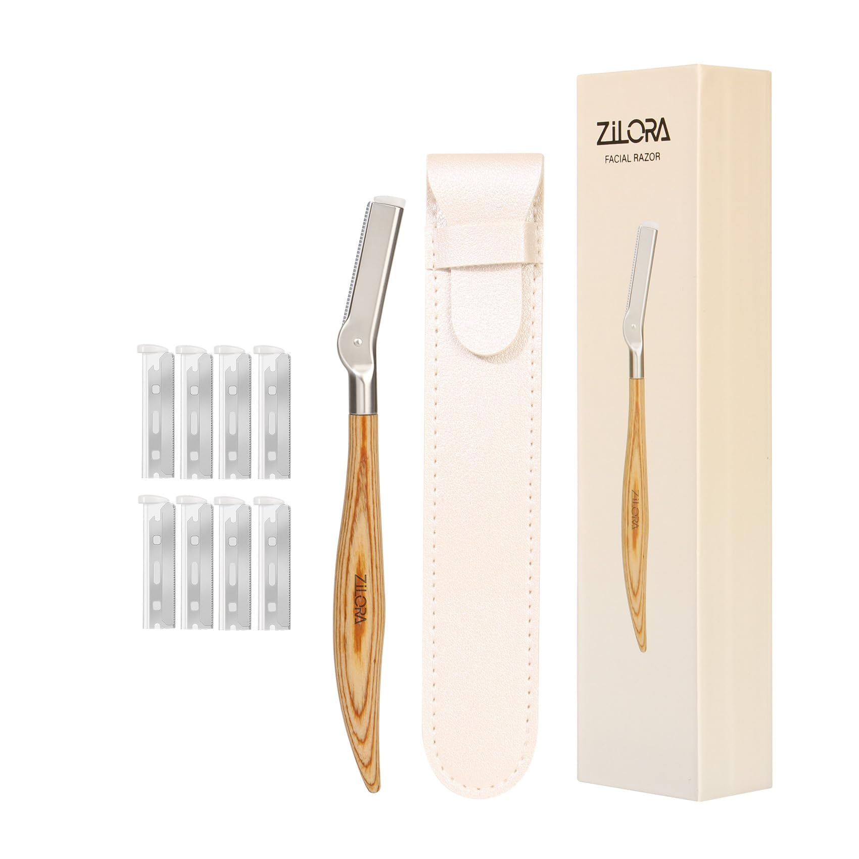 ZiLORA EyeBrow Razor with Safety Mesh Guard Wooden Handle Eyebrow Trimmer for Women Men Includes 8 Replacement Blades