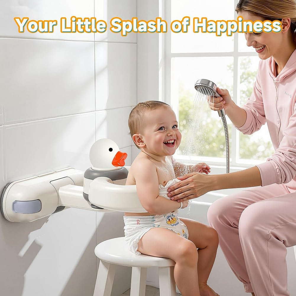 Soporte de Baño para con Pato de Juguete A Presión. Soporte de Baño Interactivo Sin Taladros con Ventosas Antideslizantes y Ajustable.