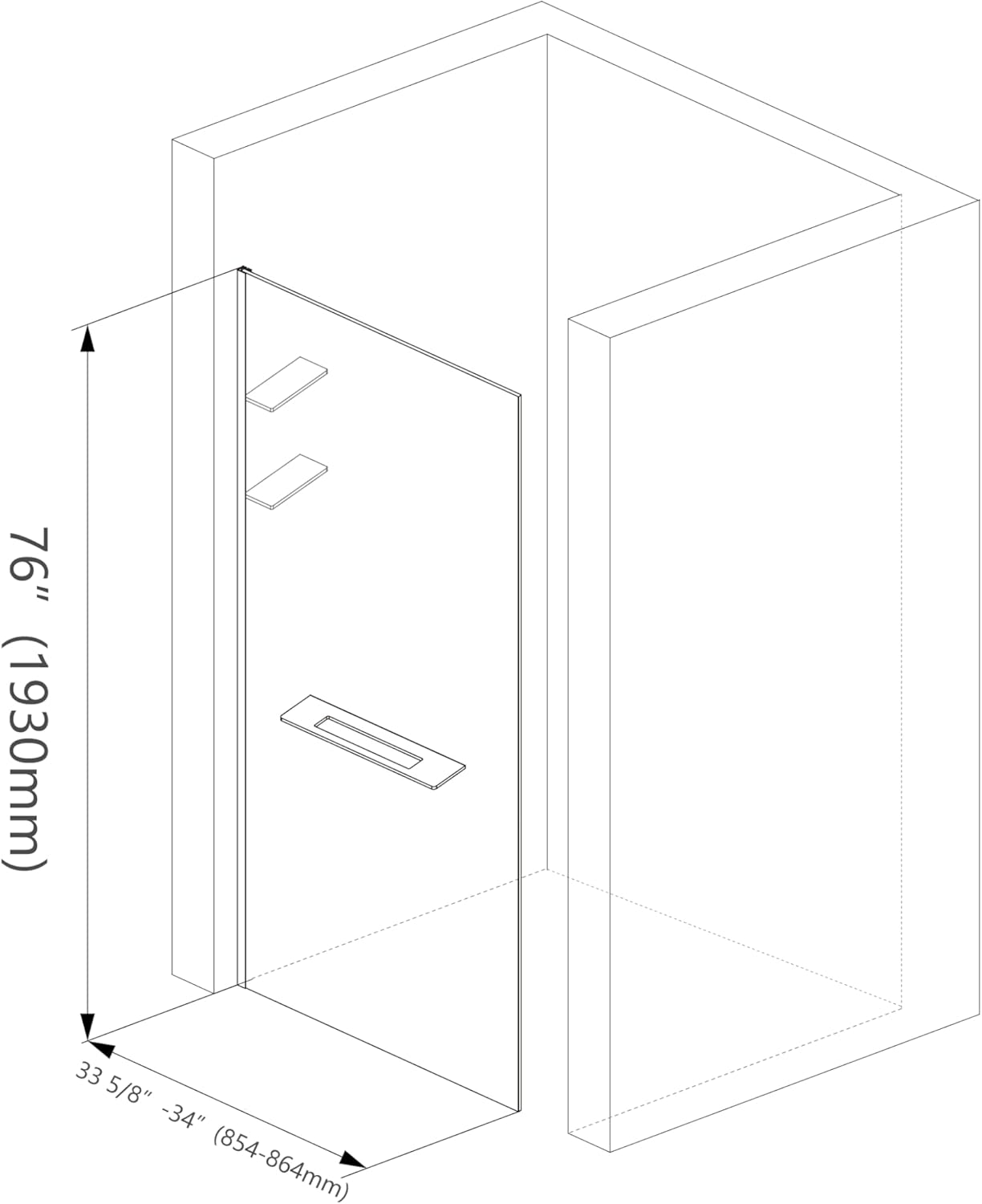 Diagram showing the dimensions of the shower panel: 76 inches height and 33 5/8 to 34 inches width