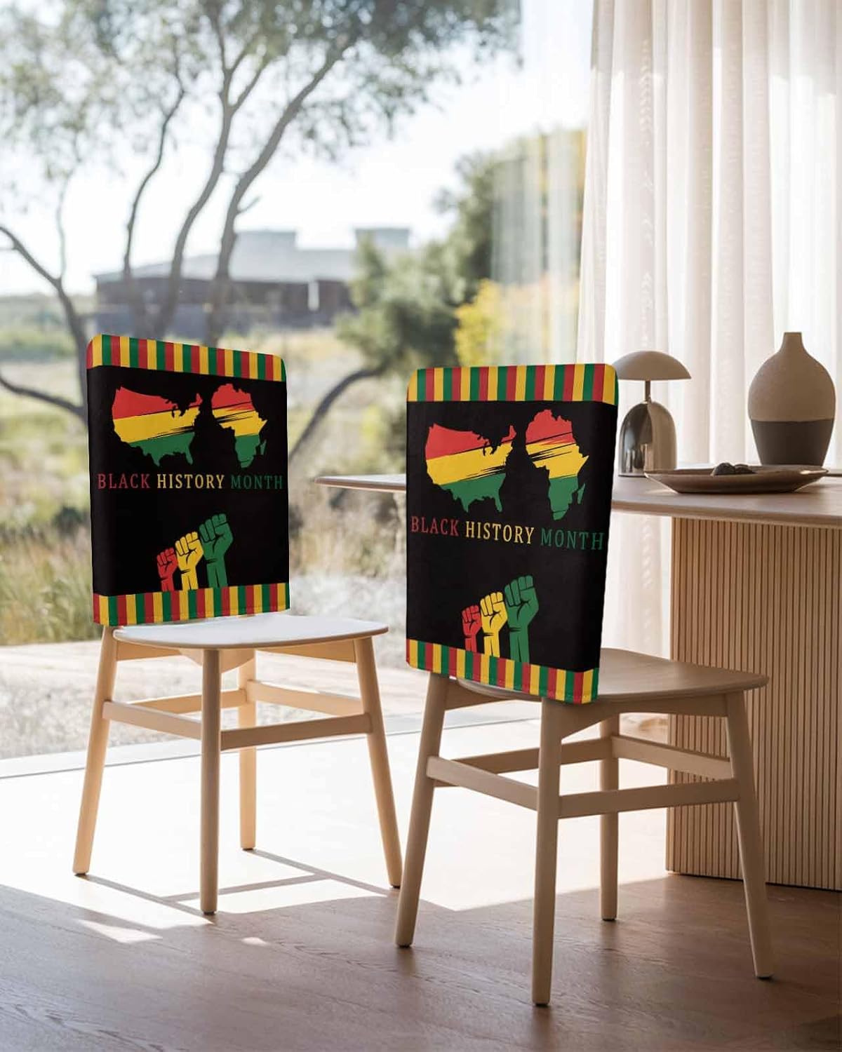 Dining Room Chair Covers Back Slipcover Set of 4, American Juneteenth Map Red Green and Yellow Stripes Stretch Chair Protector for Kitchen Hotel Home Decor Removable Washable Chair Slipcover
