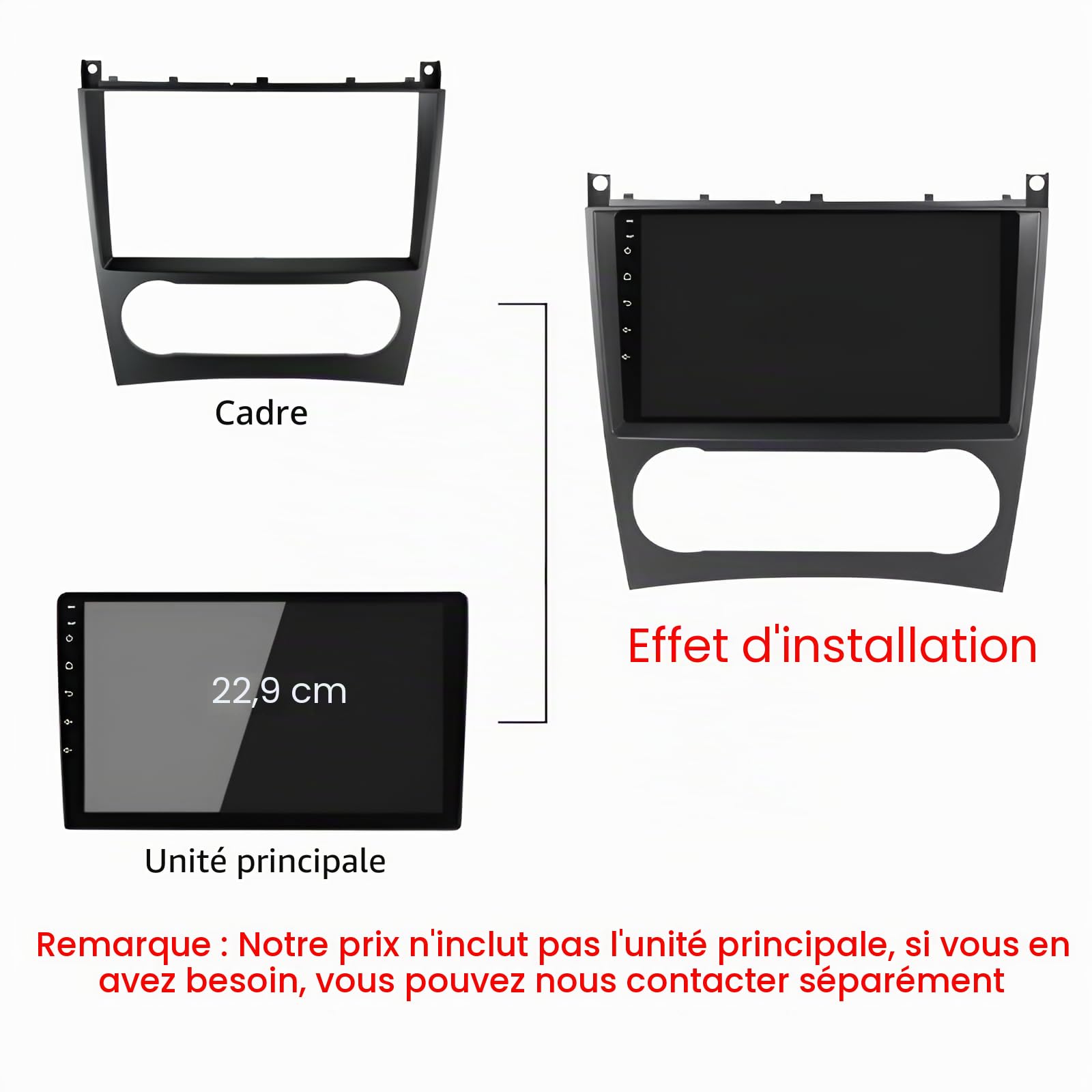 Kit de montage Autoradio, Façade cadre de radio 9" pouces, Adaptateur compatible avec MERCEDES-BENZ Classe C (W203) 2004-2007 CLC (CL203) 2008-2011 CLK (W209) 2005-2009 Classe G (W463) 2006-2012
