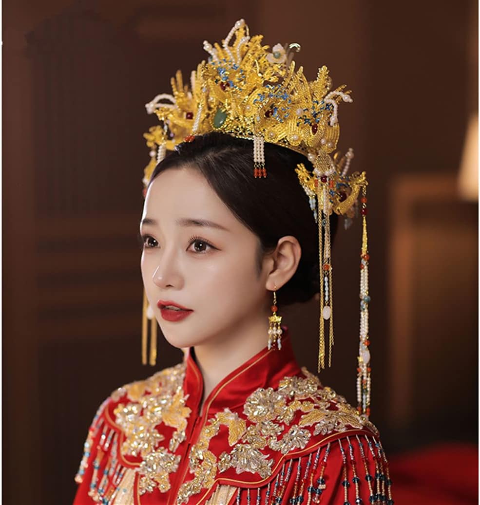 Chinese Wedding Bride Hair Accessory Chinese Crown Wedding Hair Accessories Golden Flower Floral Beaded Flapper Headband Jeweled Bridal Wedding Tiara