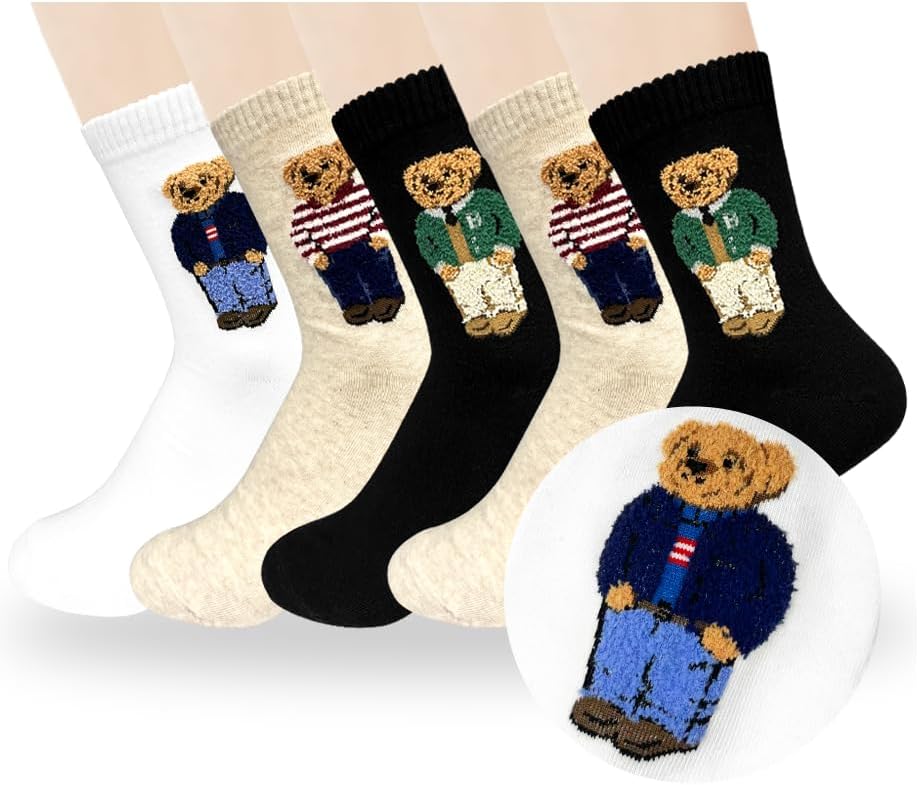 5 Pairs Cute Bear Cotton Crew Socks, Size 4-7