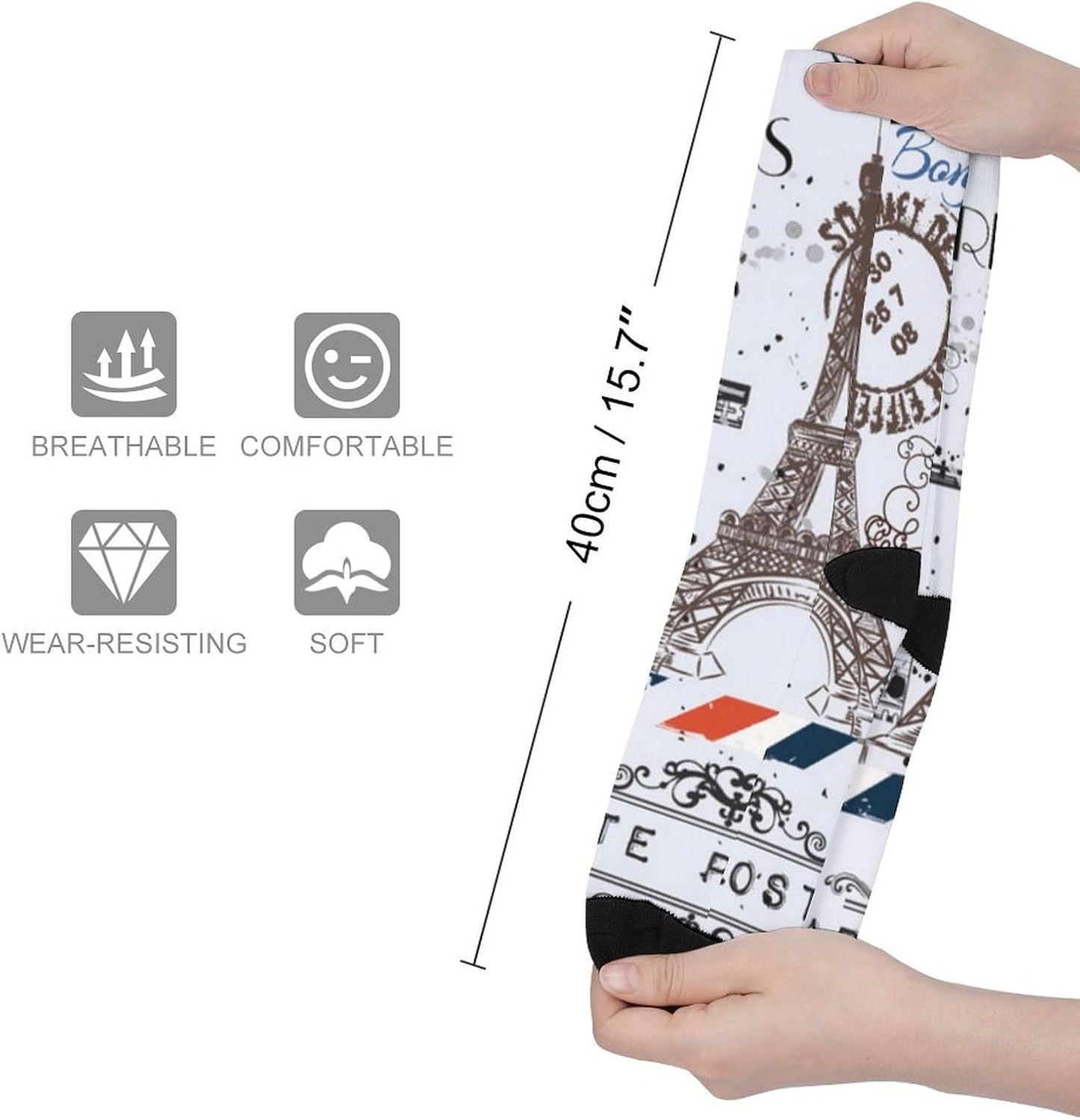 Paris Eiffel Tower Vintage Knee High Socks Athletic Long Stockings Sport Casual Crew Tube Sock Boot 40cm