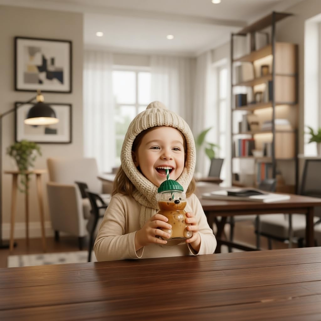 Cute Bear Glass Tumbler with Straw and Lid, Reusable Clear Drinking Cup, Aesthetic Iced Coffee Juice Water Glass Cup (Green) image 2