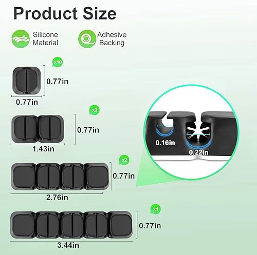 Miniatura 6 de Paquete de 16 clips de cable de silicona negros para escritorio, soporte de cable de carga adhesivo para organizador de automóvil, protector de