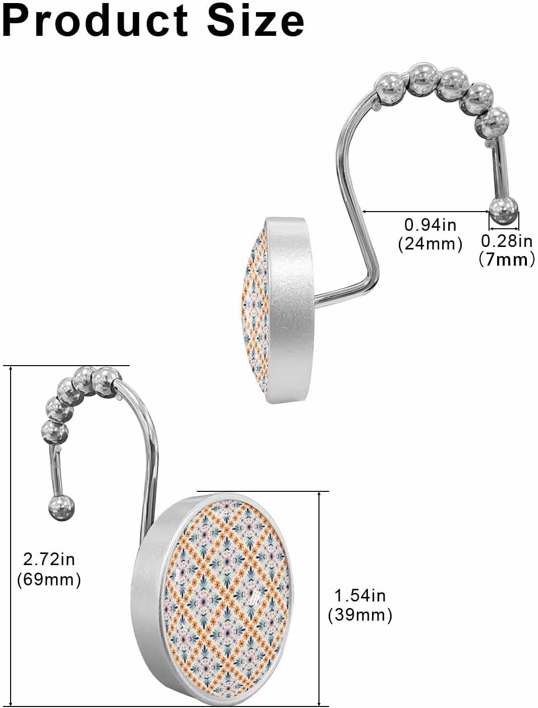 Shower Curtain Hooks 12 Pcs, Handdrawn Flower Overlay Art Pattern Stainless Steel Rust Proof Rolling Shower Curtain Rings, Decorative Shower Curtain Hooks Hangers for Bathroom