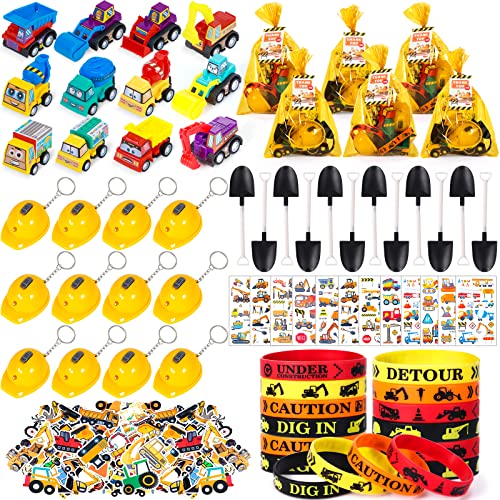 Lorfancy 150 Pcs Construction Party Favors Kids Toddler Construction Toys Trucks Stickers Goodie Bag Shovel Wristband Flashlight Keychain Vehicles Toy Birthday Party Supplies for Boys Girls