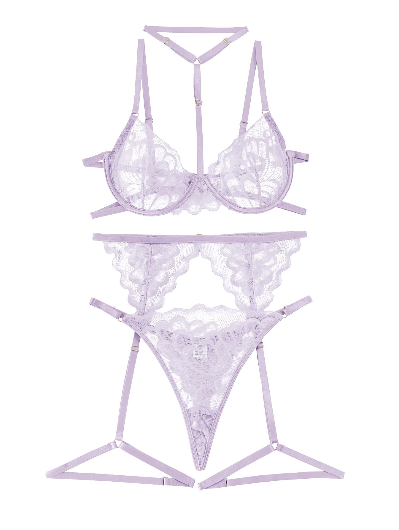 Lilosy Sexy Choker Floral Lace Scallop Sheer Underwire Push Up Garter Belt Lingerie Set 3 Piece: Medium Lavender Purple