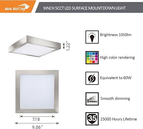 Miniatura 2 de Lámpara de techo cuadrada de montaje empotrado LED de 9 pulgadas, equivalente a 60 W 2700 K3000 K3500 K4000 K5000 K CCT seleccionable, CRI 90+,
