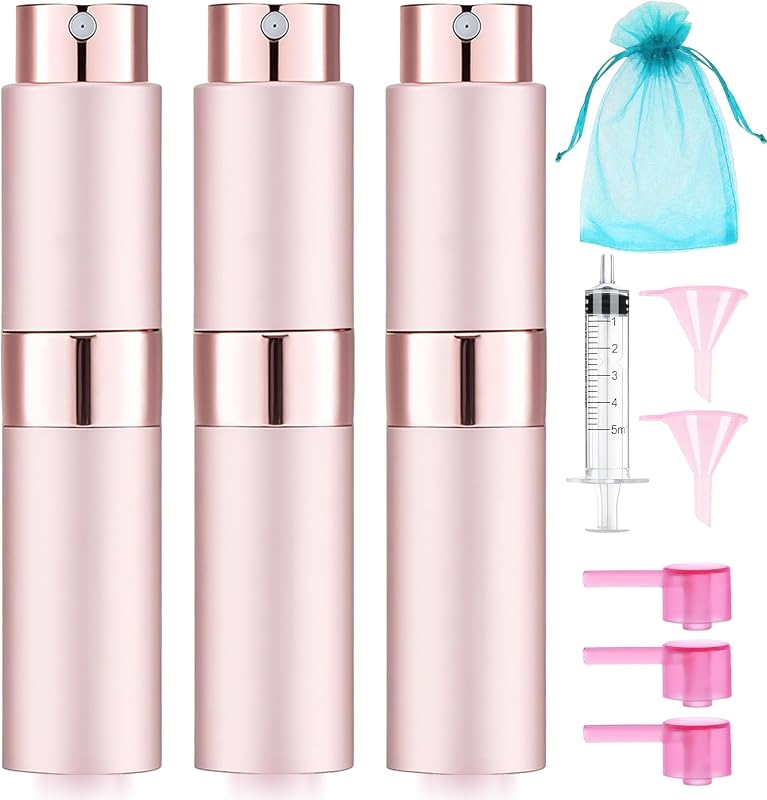 Atomizador de perfume recarregável DPLASKA 8 mL, 3 unidades rosa com bolsa
