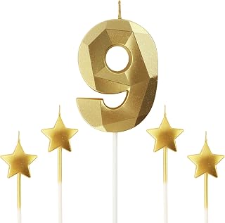 Golden Number 9 2.76 inch 3D Diamond Shaped Birthday Candles for Parties and Cake Decorations