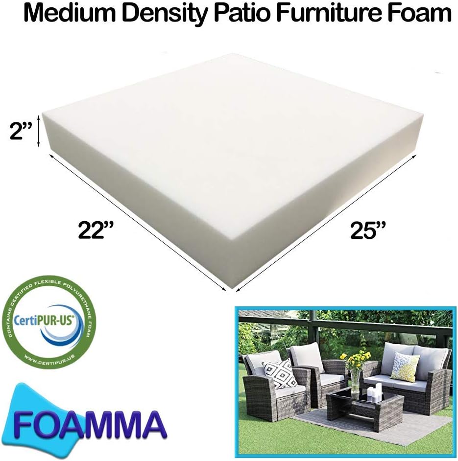Foamma Medium Density Outdoor Cushion Replacement for Patio Furniture Premium Comfort and Support 2” x 22” x 25” Cover Not Included