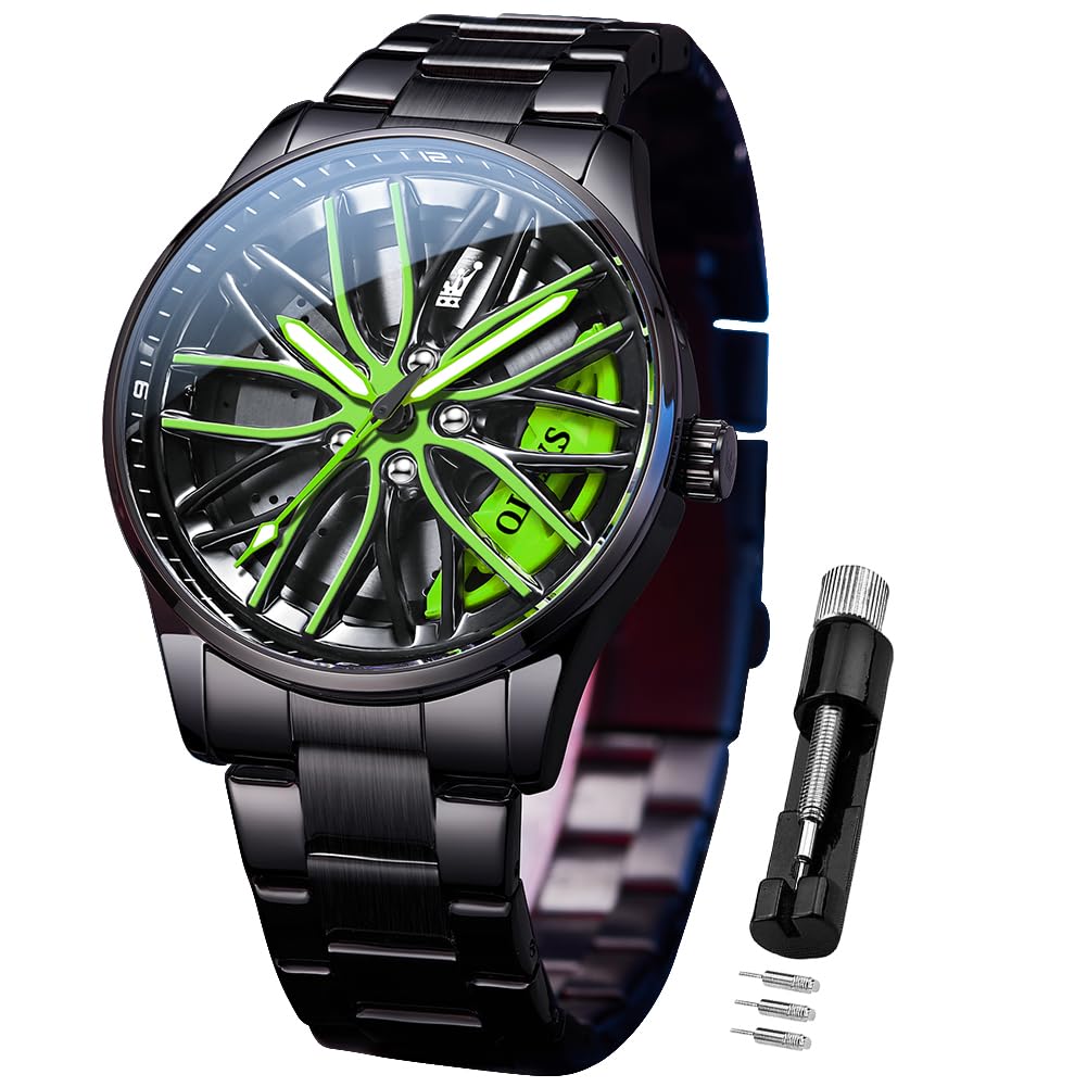 OLEVS Herrenuhren Drehende Auto-Rad Quarzuhren Modischer Sport Edelstahl Herrenarmbanduhr Leuchtend Wasserdicht für Männer