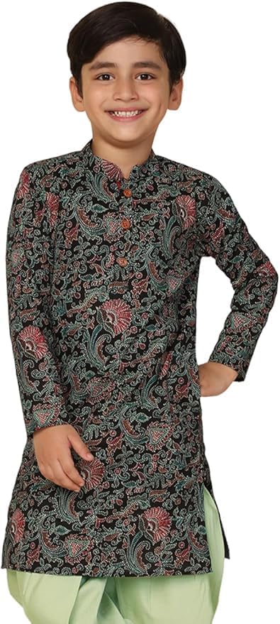 Kisah Kid's Full Sleeves Cotton Blend Knee Length Printed Black Kurta Dhoti Set (5-6Y)