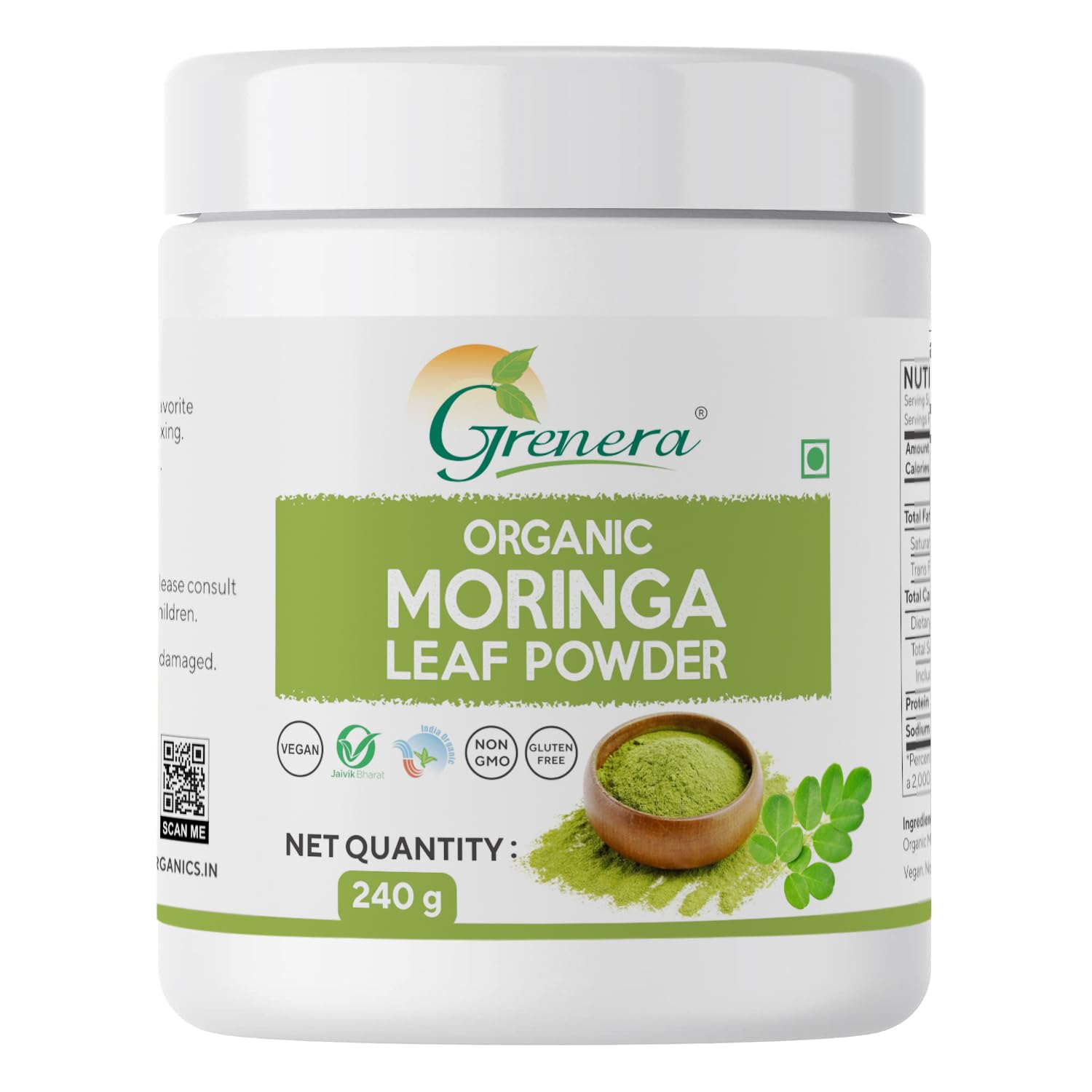 Grenera Moringa (Drumstick) Leaf Powder 240 gram, Vegan, Perfect For Smoothies, Salads, Herbal Teas