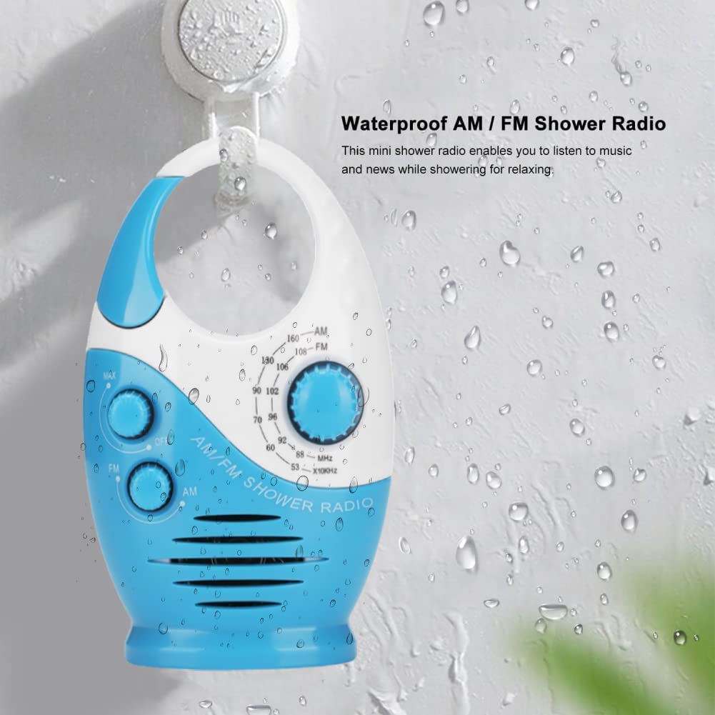 Mini Radio de Douche Étanche AM FM Portable avec Poignée Supérieure Suspendue Volume Réglable Idéale pour Salle de Bain Garages Tables de Chevet
