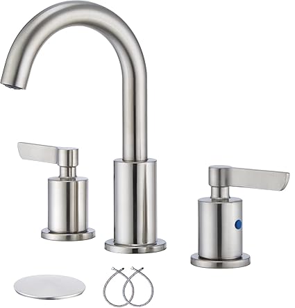 2 Handle Bathroom Sink Faucet 360 degree Swivel Spout 3 Hole 8 Inch Widespread Faucet for Bathroom Sink with Pop-up Drain and Supply Lines, Brushed Nickel