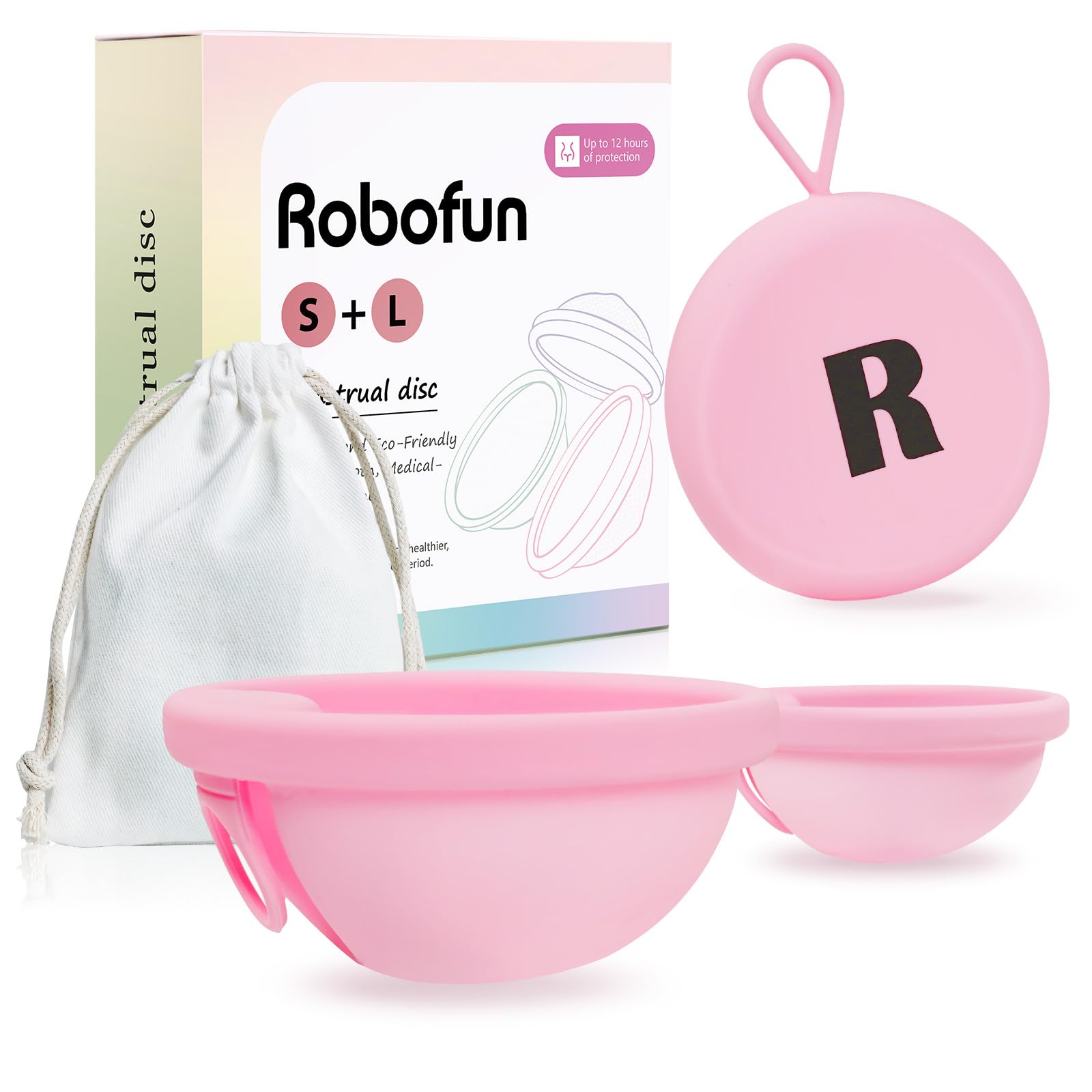 Robofun Wiederverwendbare Menstruationsscheibe Set, 2 Periodenscheibe (S+L), bis zu 12 Stunden, Menstruationsscheibe für leichte oder starke Regelblutung, Sicher bei Sport und Schwimmen - Rosa