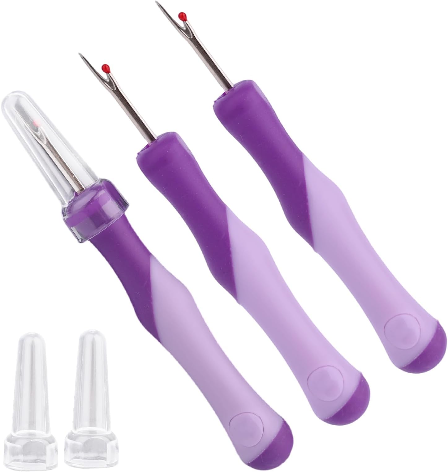 3pcs Seam Ripper, Stitch Remover Tool with Safety Caps and Small Red Ball for Hand Sewing Knitting Cross Stitch Embroidery Thread Removal(Purple)
