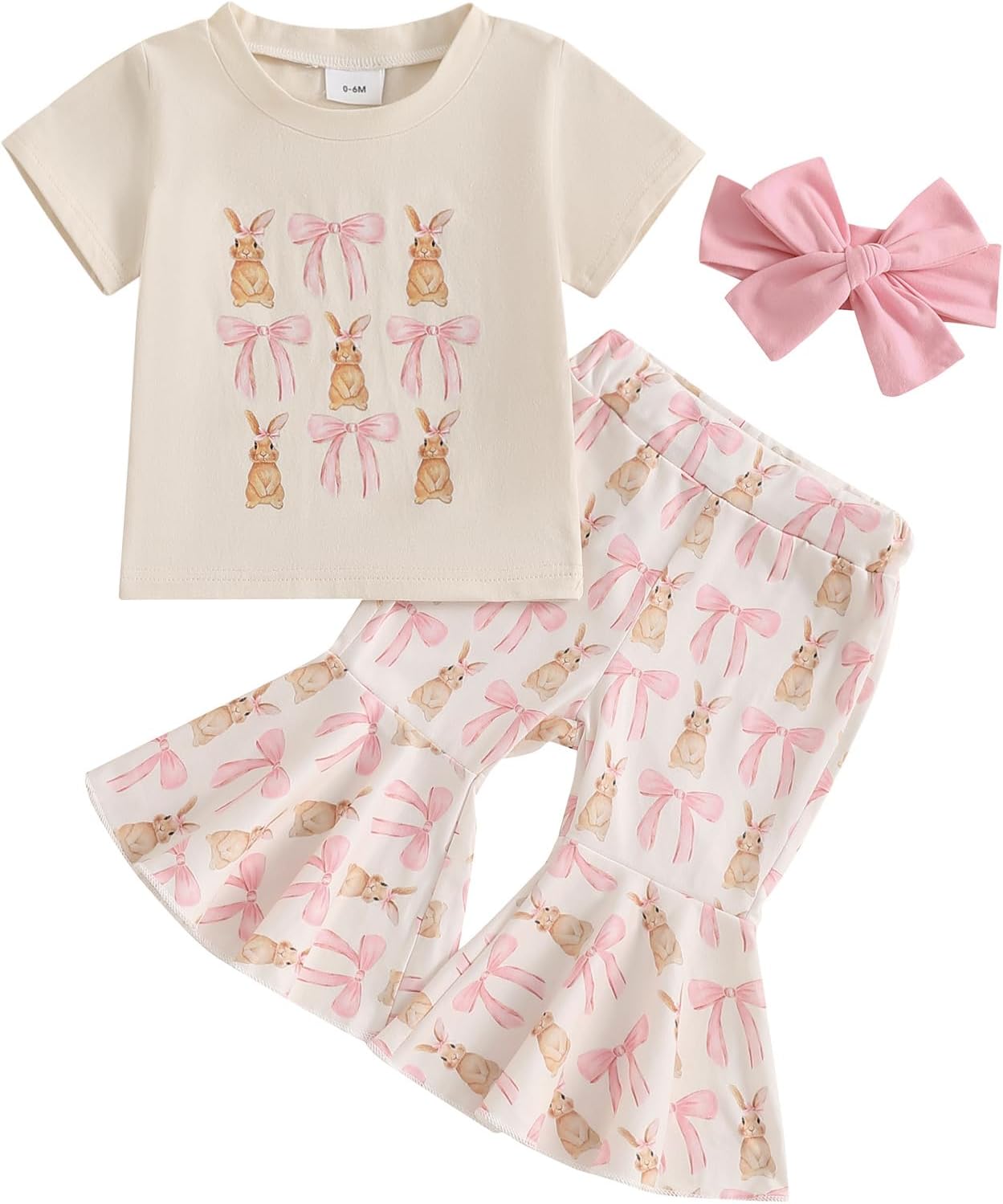 YINGISFITM Toddler Baby Girl Easter Outfit Short Sleeve Bunny Shirt Top Bell Bottoms Pants Kids Easter Clothes Summer