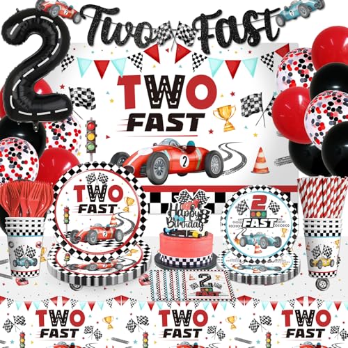 cocomigo 170Pcs Two Fast Birthday Decor, 2 Fast Birthday Decorations Include Plate Cup Napkin Backdrop Banner Tablecloth Balloon Cutlery and Topper
