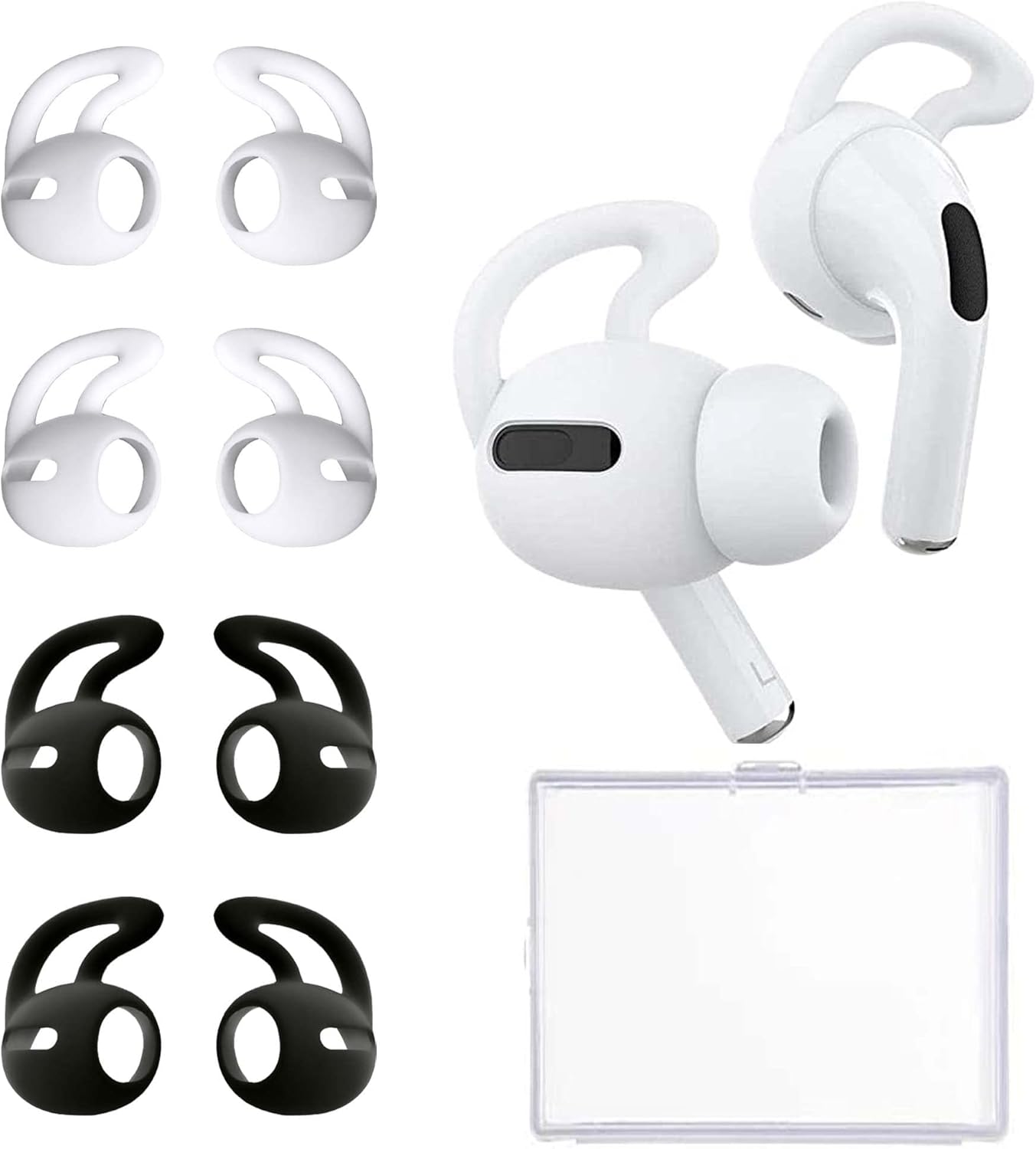 Ear Covers and Hooks Accessories Compatible with Apple AirPods Pro, 4 Pairs Professional Anti-Slip Silicone Earbuds Tips Hook Compatible with Apple Airpods Pro (2 White+2 Black)