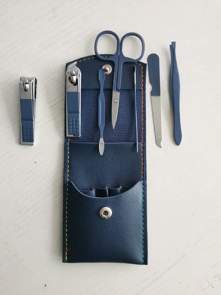 Mini Nail Clippers Set. Ready for Your Important Manicure Needs. Easy to Carry 7-Piece Set with Stitched Case. Very Convenient for General and Travel Use. (Dark Blue)