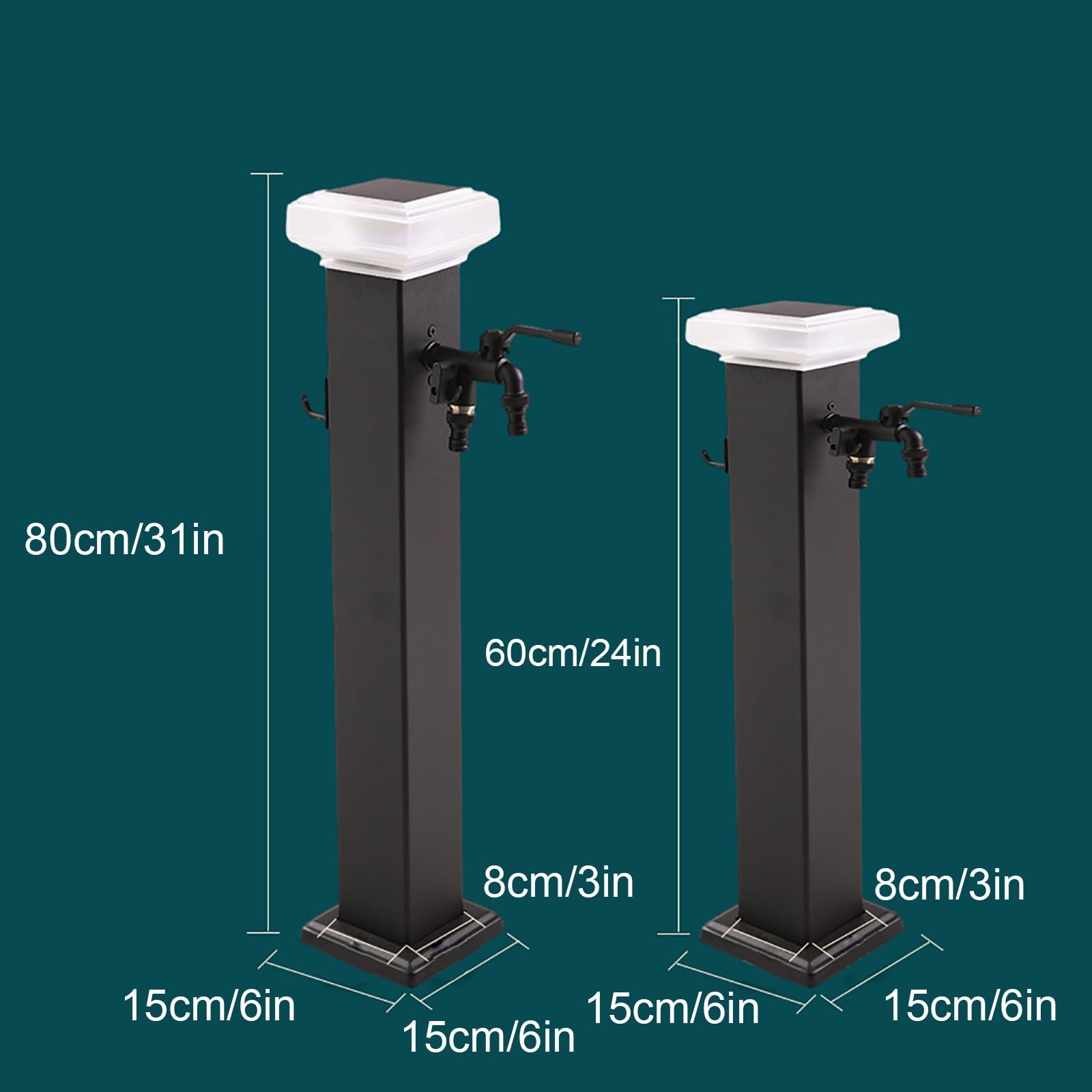 Colonna per irrigazione da giardino a energia solare, supporto per tubo in acciaio inox con doppio rubinetto, palo verticale per irrigazione da giardino, resistente al gelo, erogatore d'acqua da