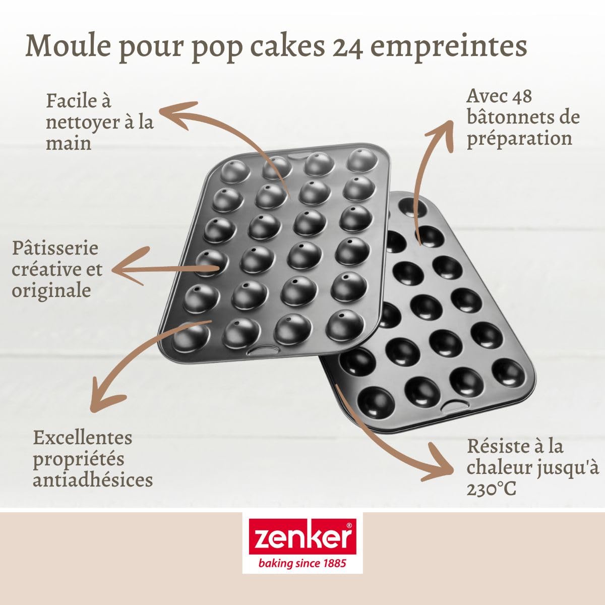 Zenker 7424 Moule pop cake 24 empreintes et 48 bâtonnets, moule cake pop et batonnet pop cake, moule à gâteaux, moule a sucette, moule sucette chocolat, Acier, Plastique, 38,5 x 26,5 x 3 cm
