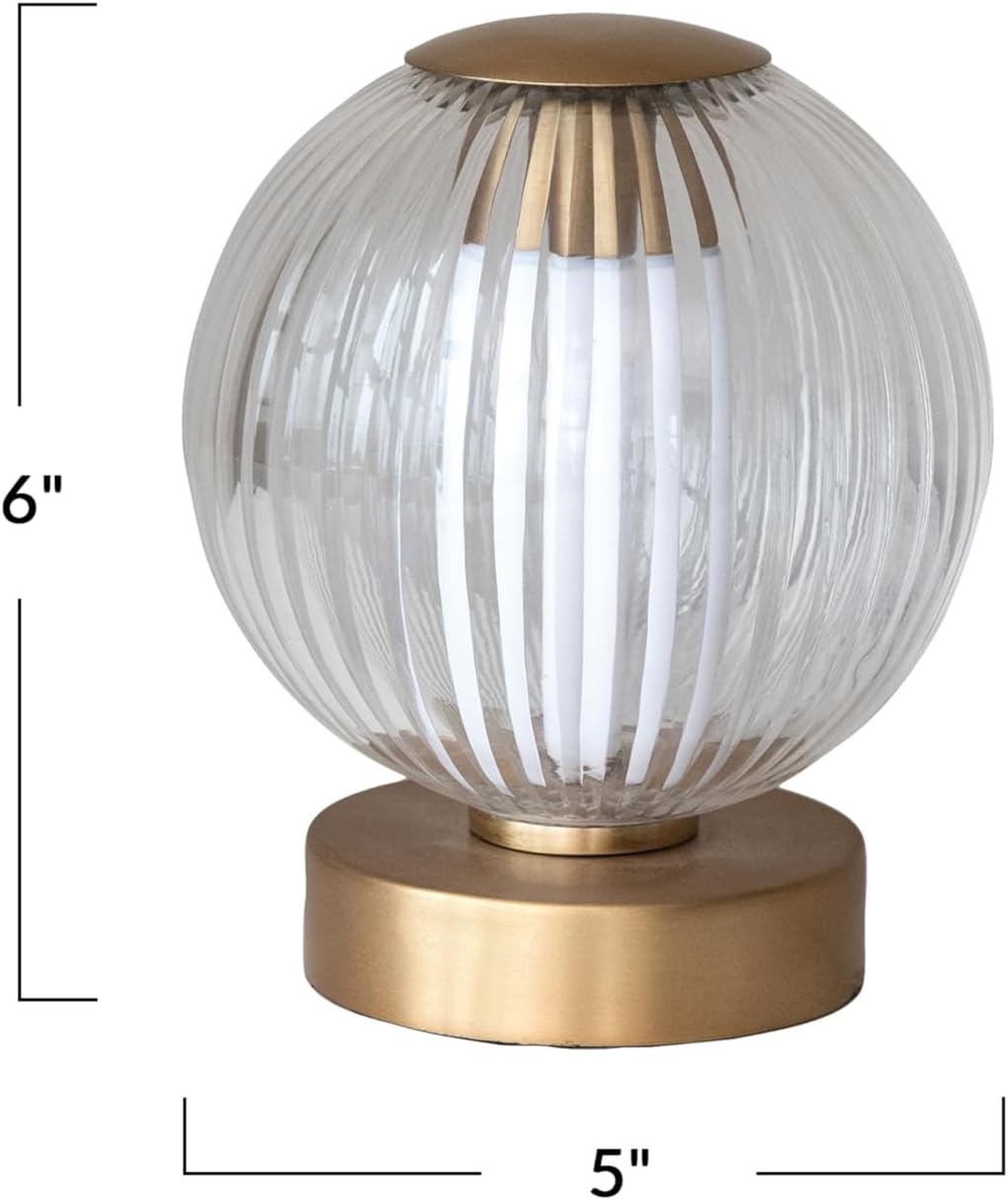 Creative Co-Op Glass and Metal Pleated LED Table Lamp with Touch Sensor, Antique Brass