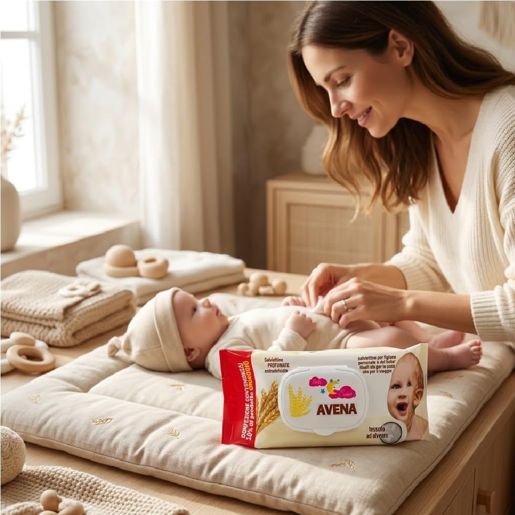 kIT risparmio 1920 Salviette Umidificate profumate all'avenaTessuto Alveare Extradelicato 42gr per baby casa o in viaggio per Neonato Igiene Personale con Chiusura A Clip Salvafreschezza