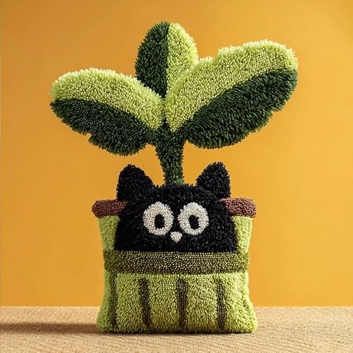 WallustrioaW Latch Hook Pillow Kit -Black Cat and Banana Leaf Flower Pot 43X43Cm Embroidery Art Craft Kit All Ages Unisex