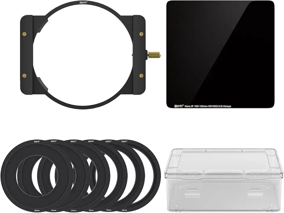 SIOTI Sistema de suporte de filtro quadrado para câmera + 1 filtro quadrado ND1000 (10 paradas) + 6 anéis adaptadores (58/62/67/72/77/82 mm), para 100 x 100 mm ou 100 x 150 mm ND/GND, compatível com