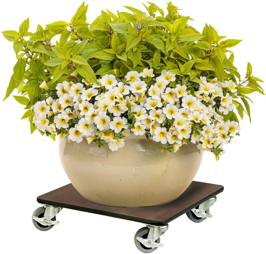 Foreman Potted Plant Stand with Wheels (12x12x4) Indoor Outdoor Heavy Duty Versatile Use Weather Resistant Square Plant Support Caddy with 10 Year Warranty - Tosca Wood Grain Pattern
