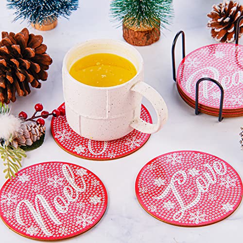 8 Pcs Christmas Diamond Painting Coasters Kits With Holder Diy Xmas Word Diamond Painting Coasters Kits Joy Noel Merry Red Diamond Painting Coasters For Beginners Adults And Kids Art Craft Supplies #TOP6