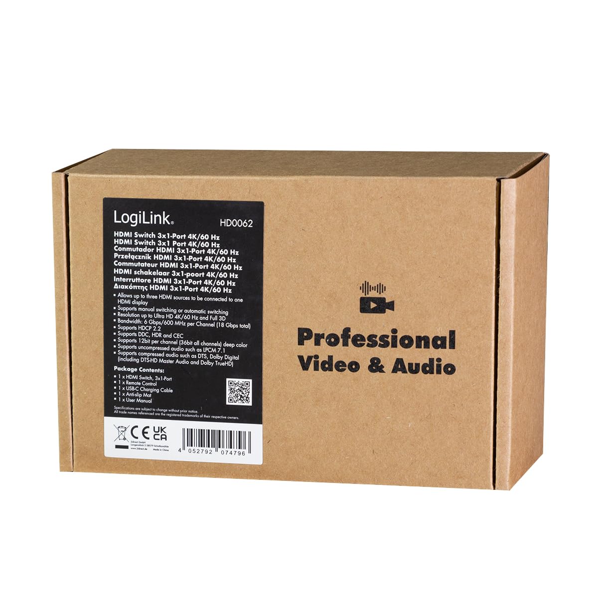 LogiLink HD0062 - HDMI-Switch 3x1-Port (3X Quellen auf EIN Monitor/TV), mit 4K/60 Hz Auflösung und Full 3D, HDCP, HDR, CEC, RC