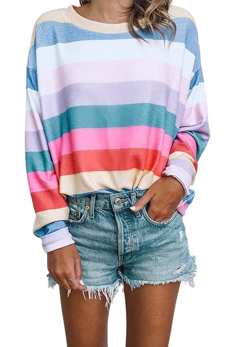 QUEENIE VISCONTIWomen Long Sleeve Tops - Oversized Rainbow Striped Tunics Blouses T Shirt Pullover Sweatshirt 8 10