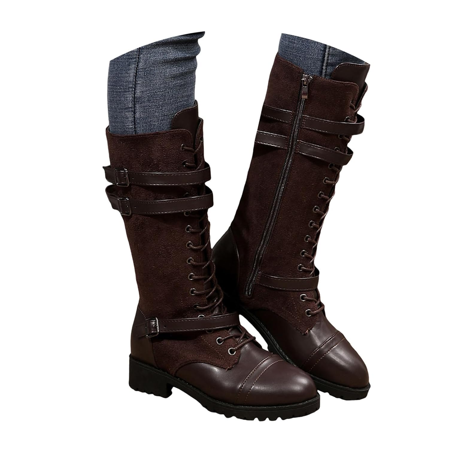 Combat Riding Boot Flats Long Belt Round Toe Chunky Heels Boots Low Heel Leather Fall Winter Vintage Casual