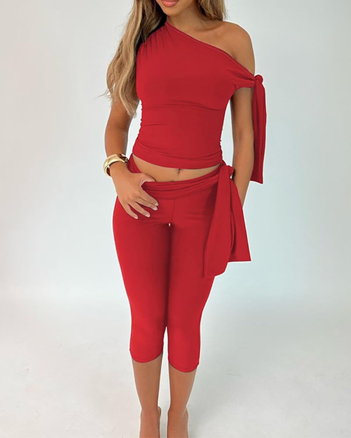 CXXQ Sexy 2 Piece Outfits Off Shoulder Self Tie Crop Tops and Capri Legging Set Tracksuits Clubwear - Image 7