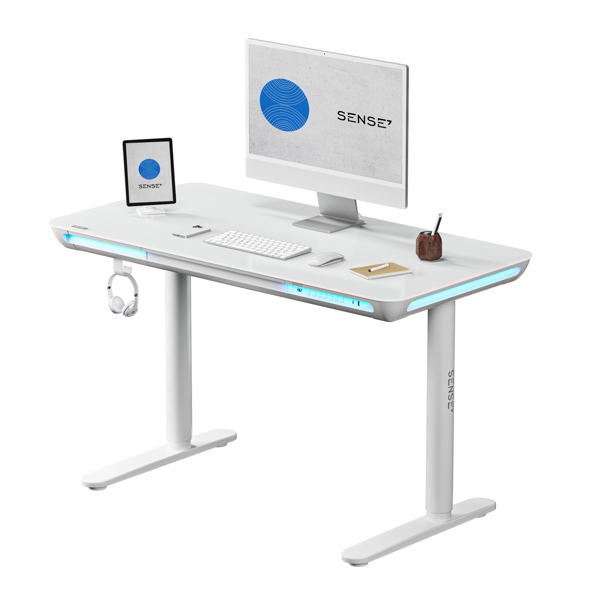 SENSE7 Nomo LED Gaming Schreibtisch, 120x60cm, Höhenverstellbar, USB-C, USB 3.0, Glas, Schublade, Haken, Modern, Weiß, Erwachsener, Home Office, Büro, Lernzimmer, Wohnzimmer