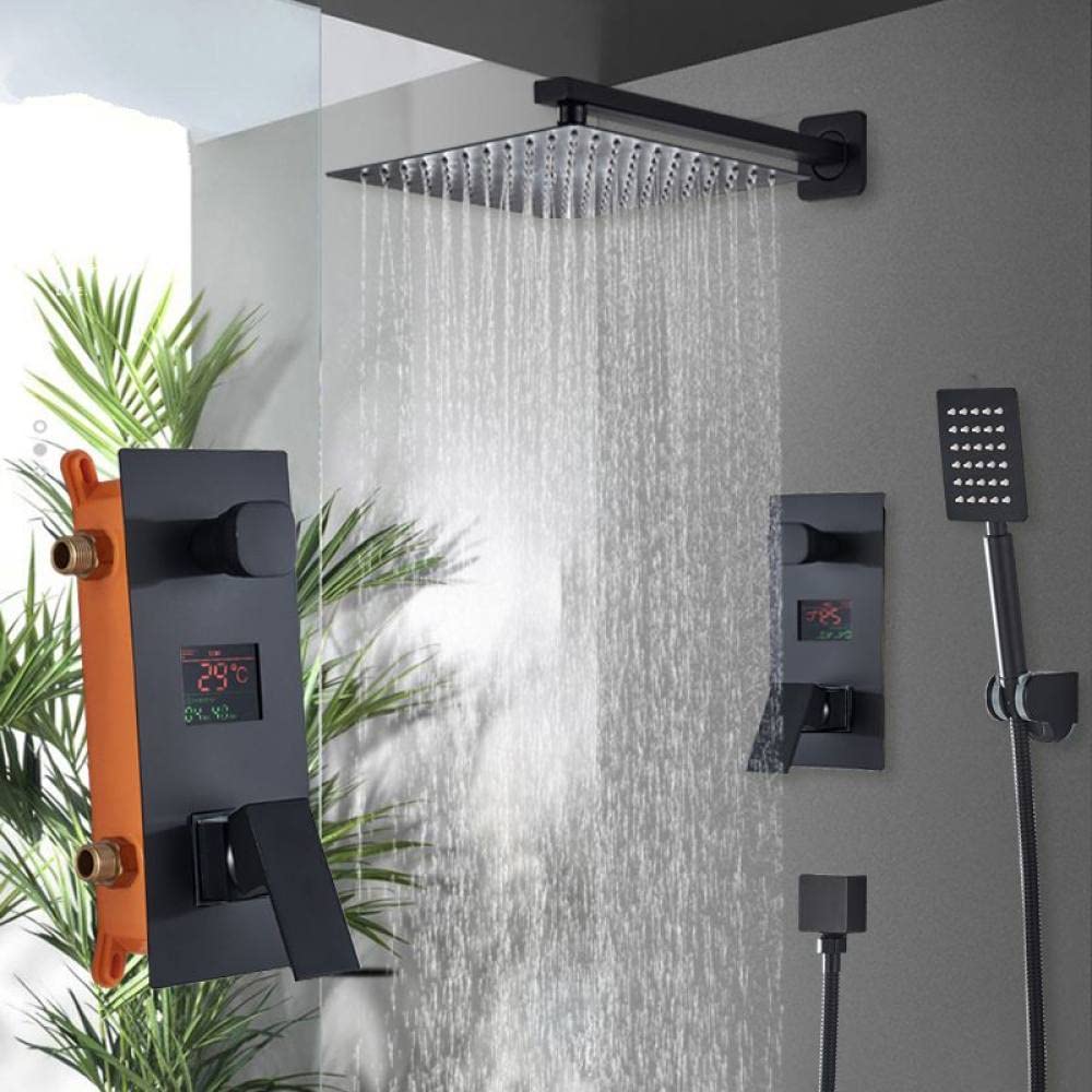 Robinet de douche numérique noir avec pommeau effet pluie et mitigeur à 2 voies