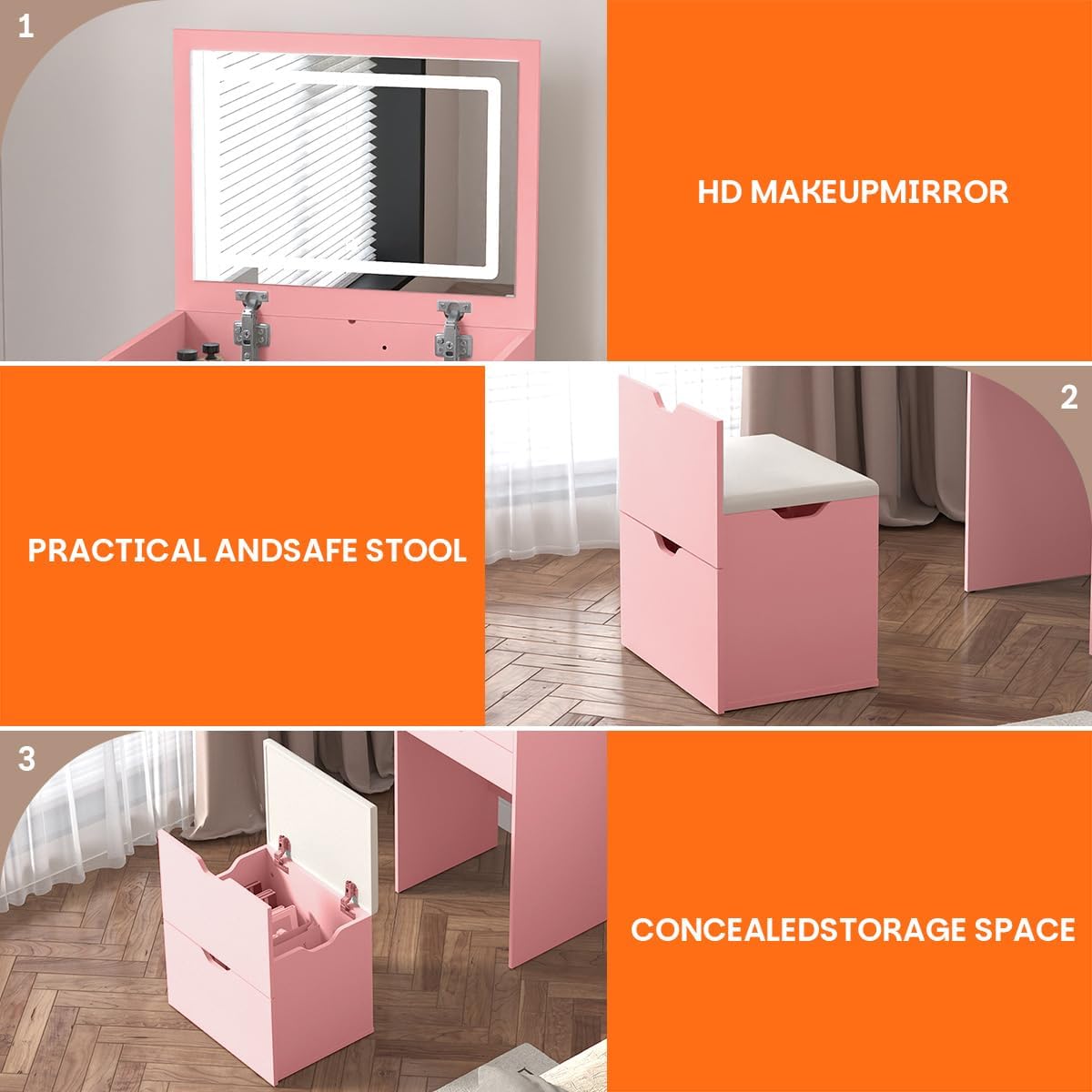3 in 1 Vanity Desk with Flip-up Mirror and Lights, Small Makeup Vanity Set with Hidden Chair and Storage Drawers, Compact Dressing Table for Bedroom(Pink)