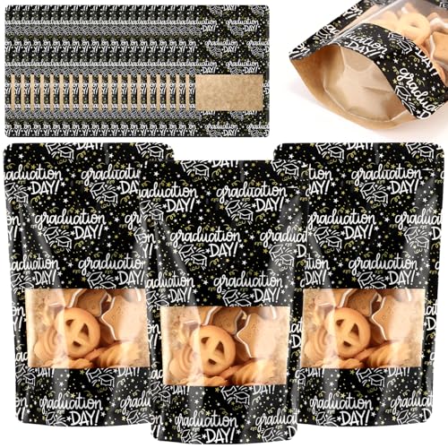 Kolldenn 50 Pcs Graduation Treat Bags with Stand up Bottom Clear Window Reusable Sealable Kraft Paper Black Storage Bags for Candy Cookie Graduates Graduation Party Favors Supplies