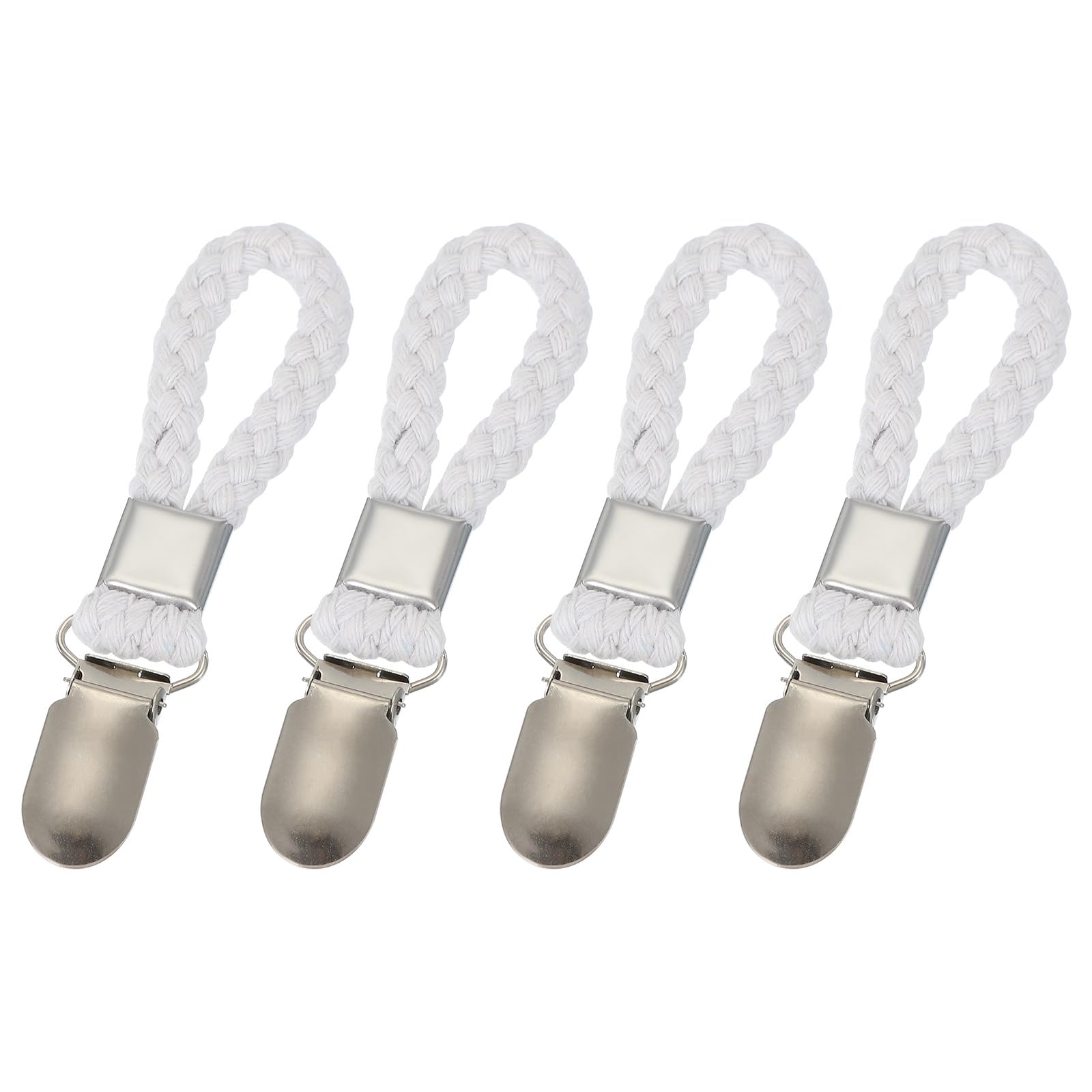 uxcell 4 Pcs Tea Towel Clips with Cotton Loop for Hanging, 4.3 Inch Metal Towel Hooks Multipurpose Cloth Hangers for Home Kitchen Bathroom, White
